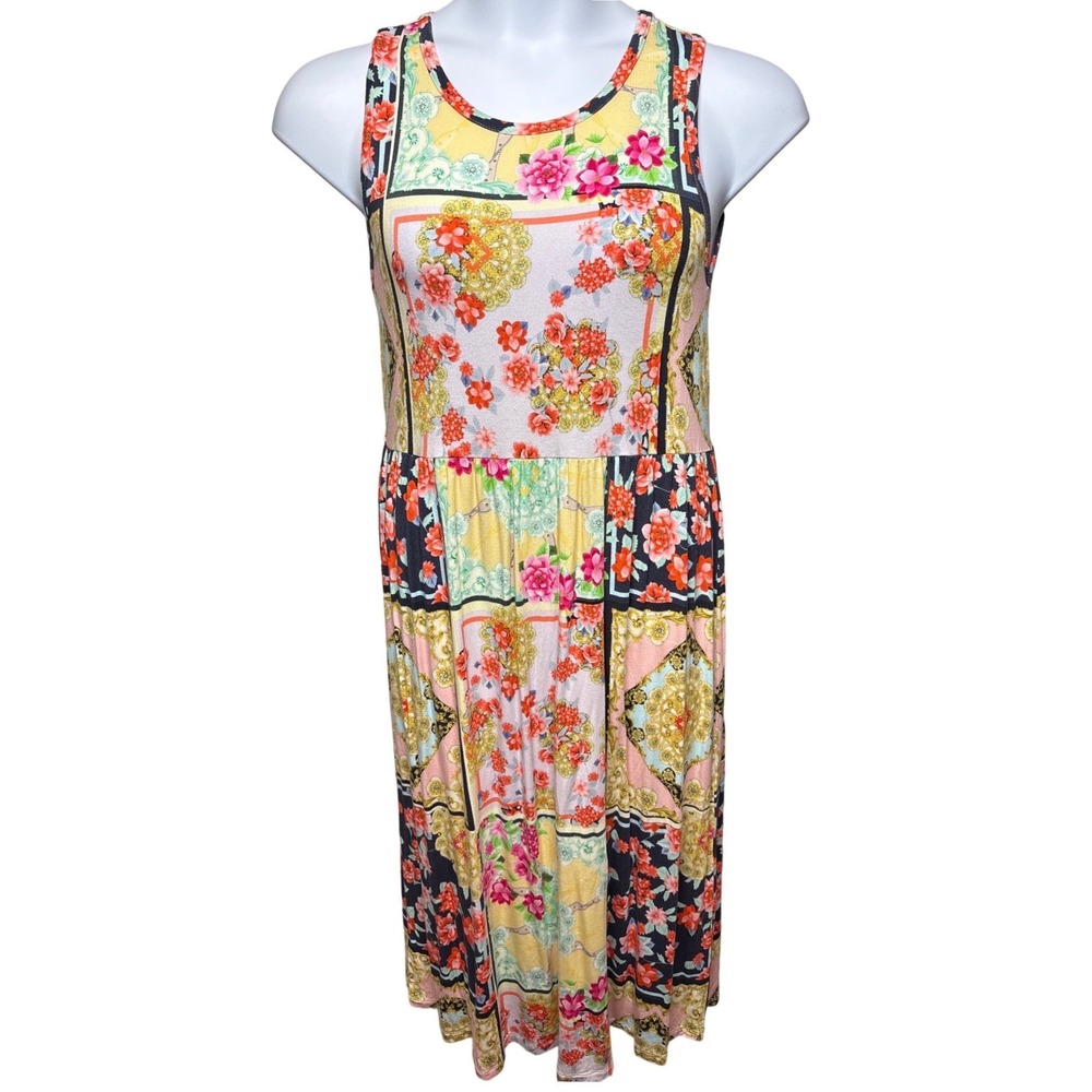 Womens Multicolor Floral Scarf Print Midi Dress Est. Sz S Boho-Chic